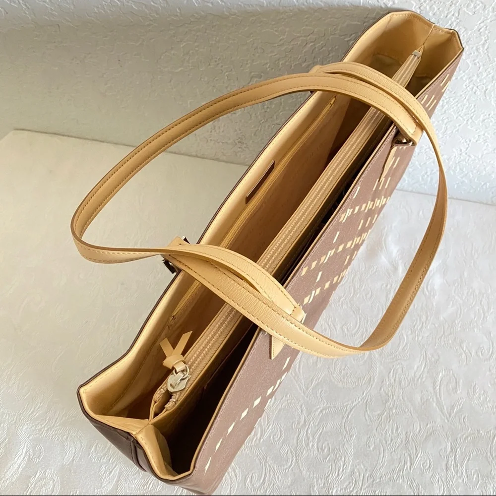 Burberry Brown Tote with Tan Strap and Plaid Cutout Detail